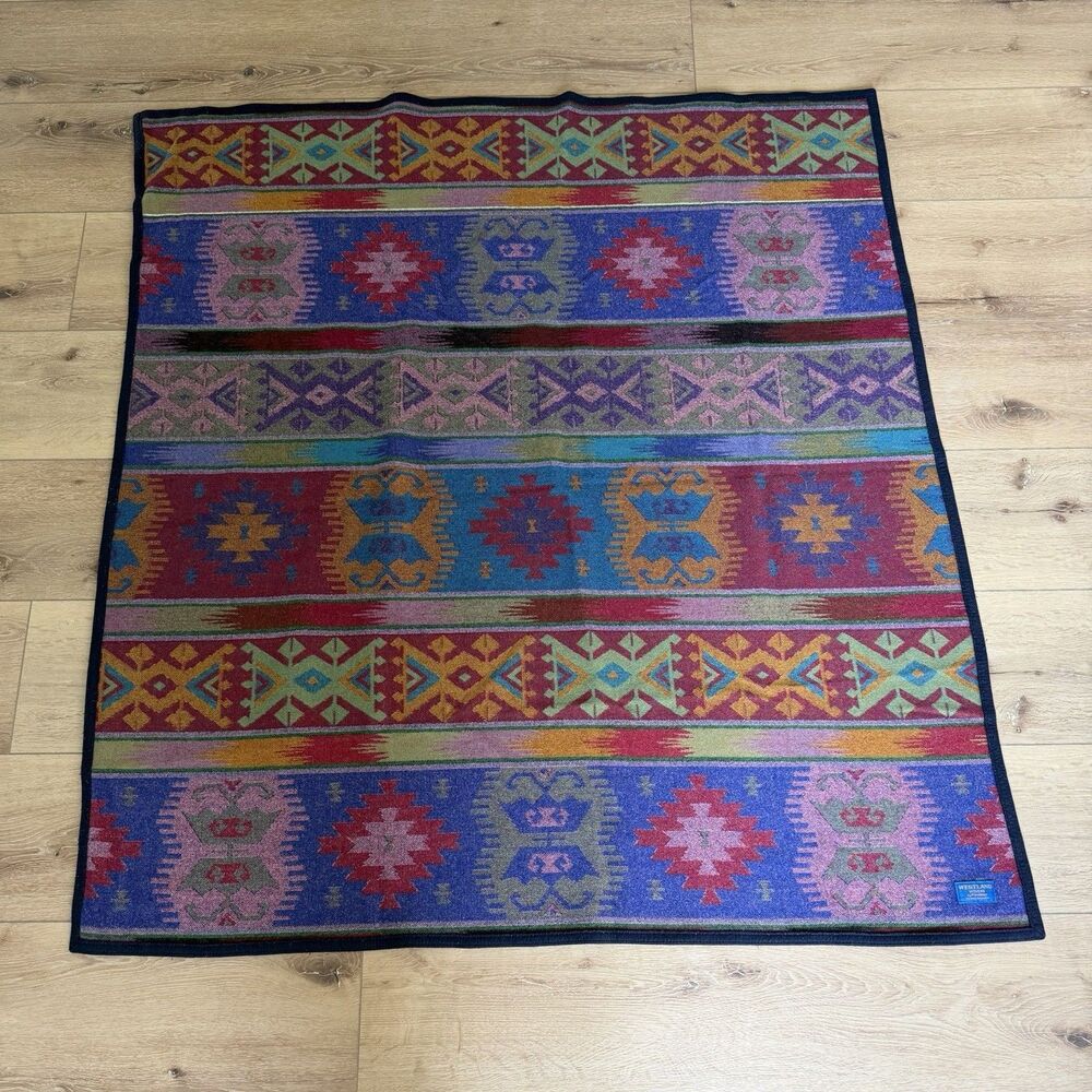 Vtg PENDLETON WESTLAND WOVENS Wool Blanket Reversible Aztec Jewel Tones